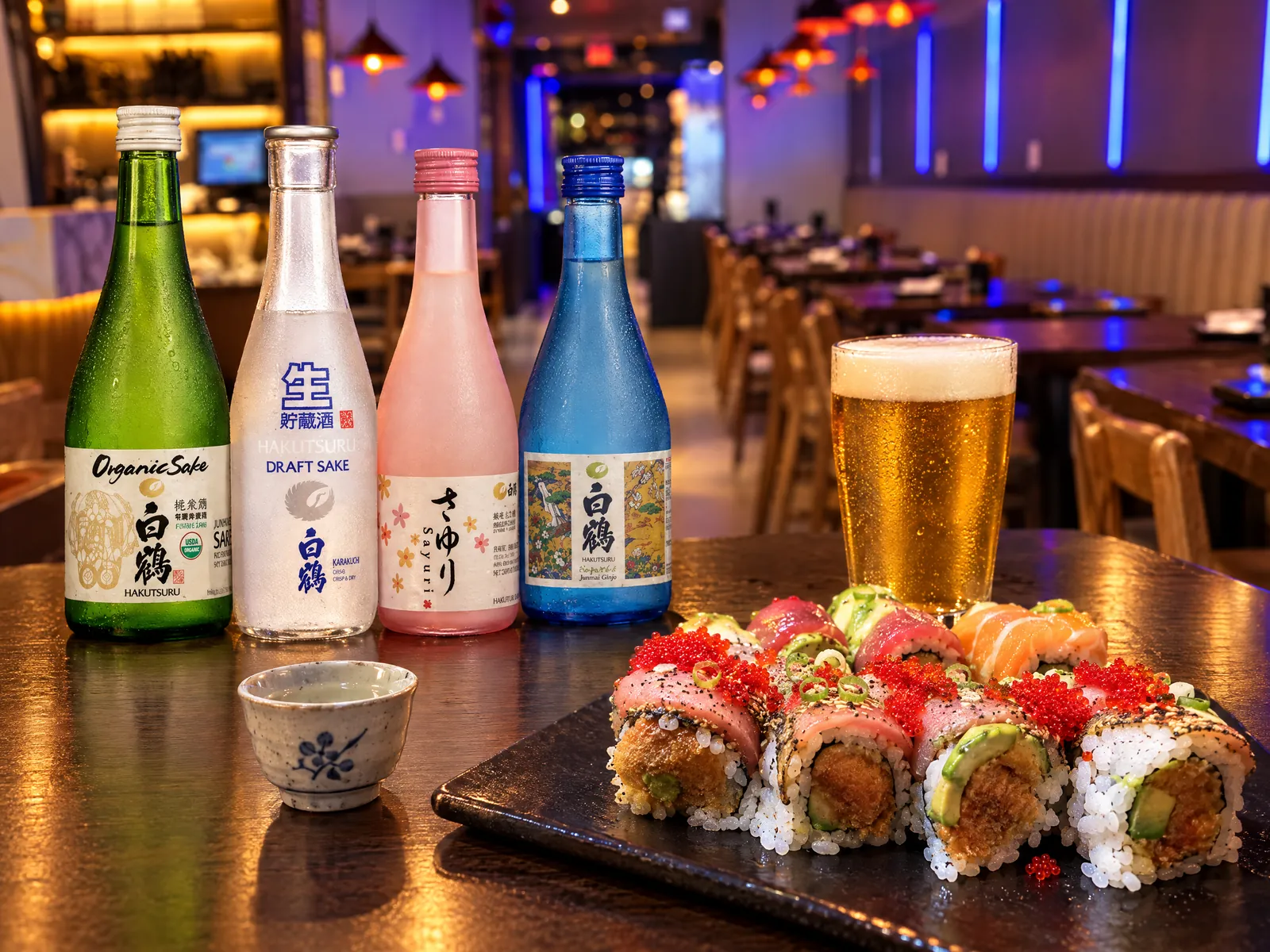 Sake bottles and draft beer with sushi rolls at Kikoo Sushi Upper West Side