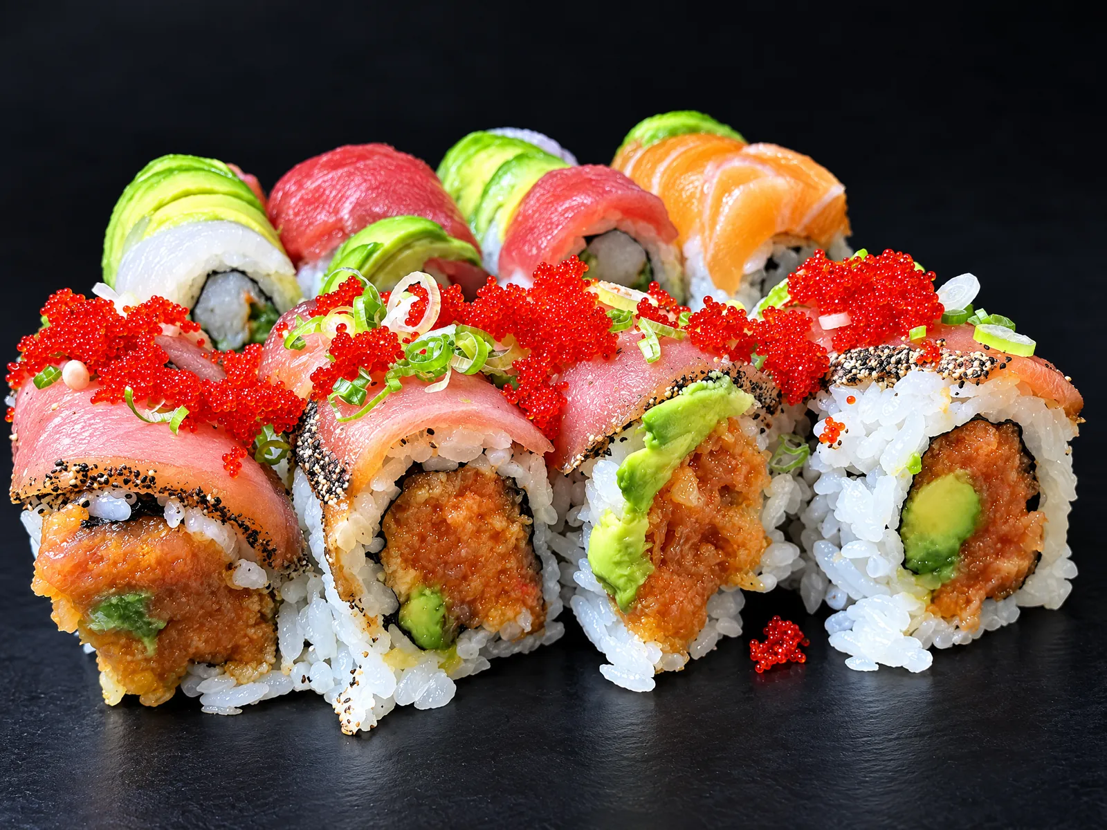 Special rolls with tuna, salmon, avocado and tobiko at Kikoo Sushi Upper West Side